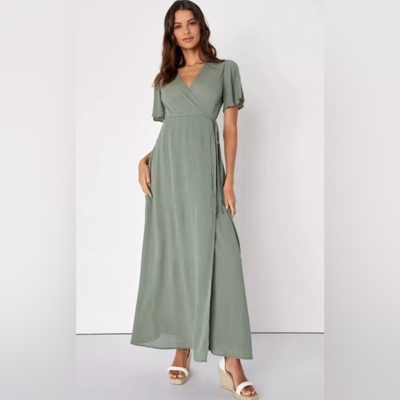Lulus Much Obliged Washed Olive Green Wrap Maxi Dress - Medium - Picture 2 of 7